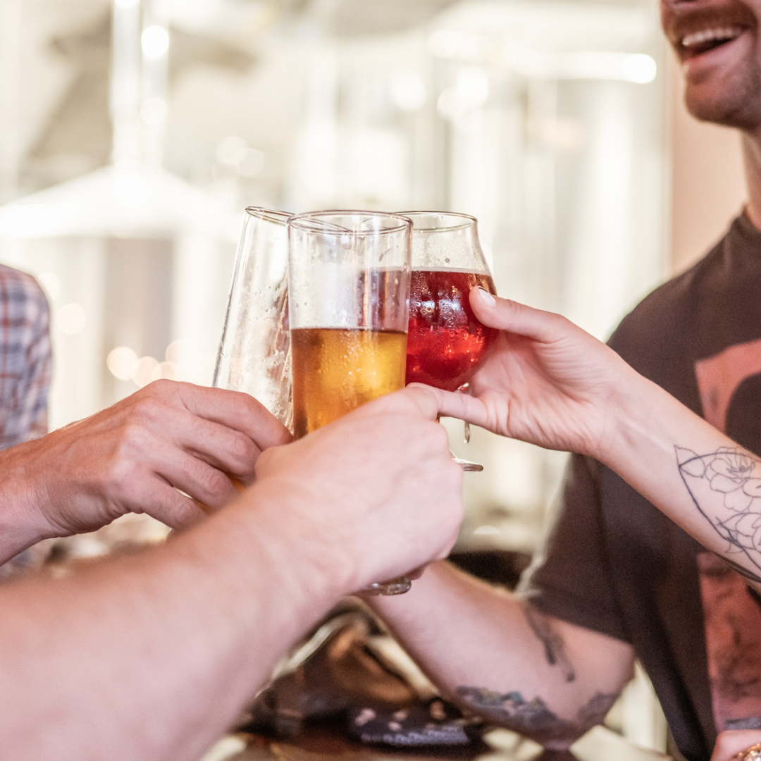 A group of people raise a toast with beer glasses