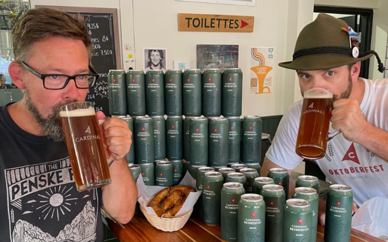 Head brewer Kevin James and owner Will Tomkinson enjoy a taste of the Oktoberfest Märzen